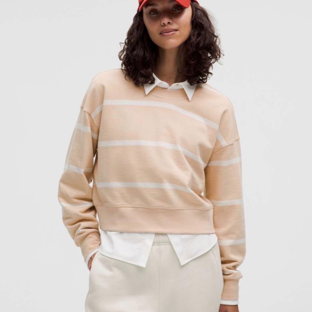 Lululemon Perfectly Oversized Cropped Crew *Stripe Boundless Stripe Cafe Au Lait
